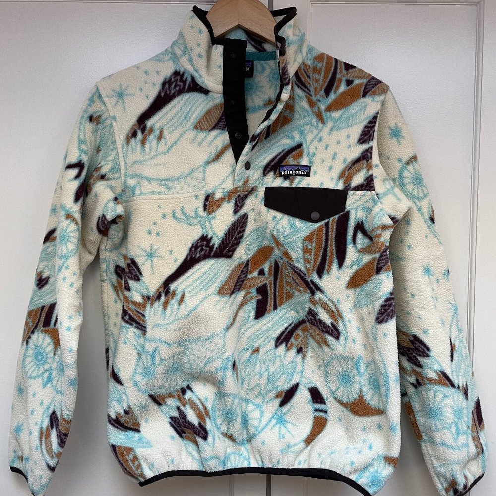 PATAGONIA Women’s Synchilla Snap-T Fleece Pullover Owl Print Toasted Sz Small